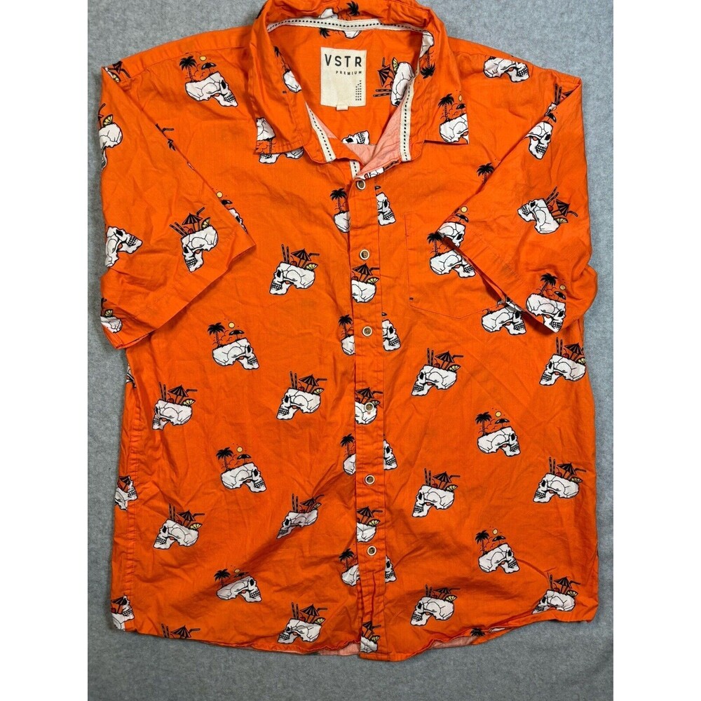Vstr‎ Button Up Shirt Tropical Skull Punch AOP Men Size M Orange Halloween Party